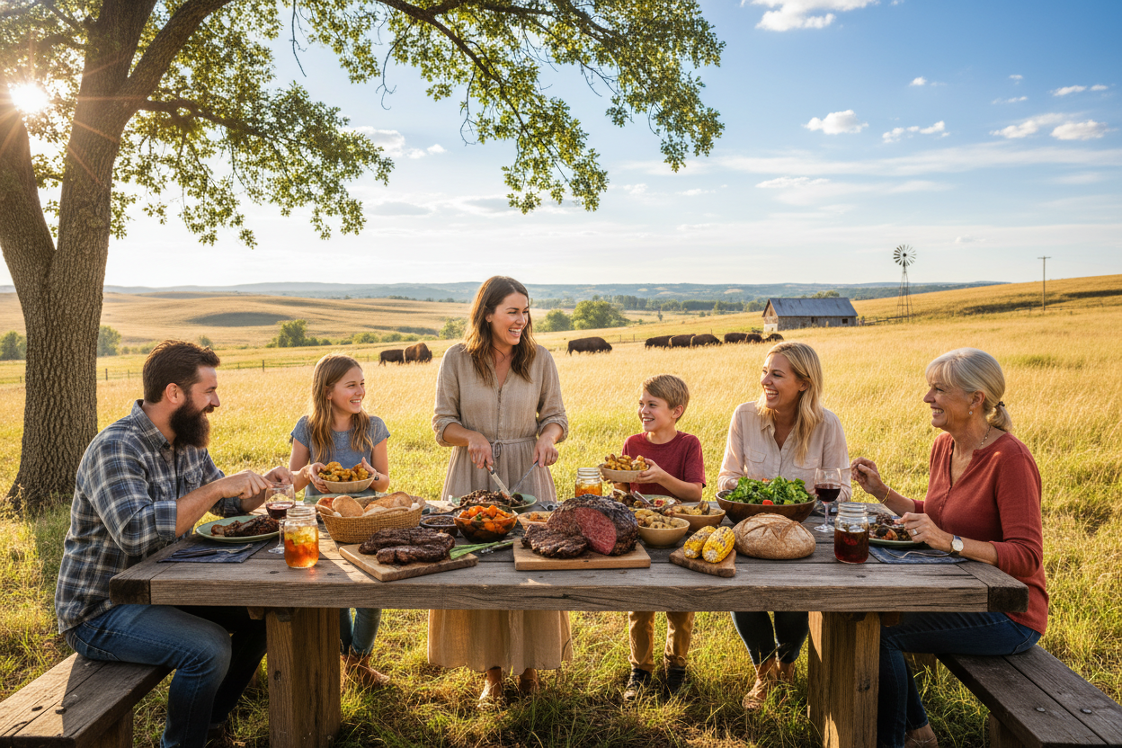 Family farm-to-table meal with bison meat outdoors